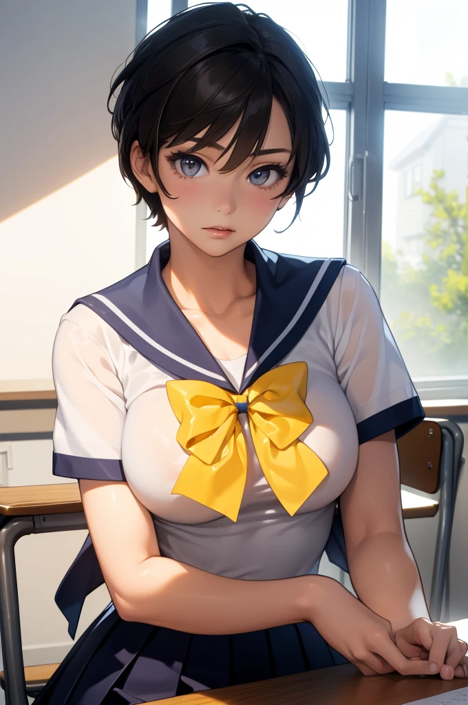 Upper body portrait、Bust、(masterpiece:1.3、Highest quality)、Ultra-high resolution、Super detailed、(Real、Photorealistic:1.4)、Beautiful illustrations、Perfect lighting、Highly detailed face、Detailed and beautiful eyes、独奏、high school girl、Beautiful breasts、(high school girl、A sailor uniform with a short length、Short summer clothes、Yellow ribbon on chest)、(Black Hair、Short Hair)、Dark Eyes、classroom