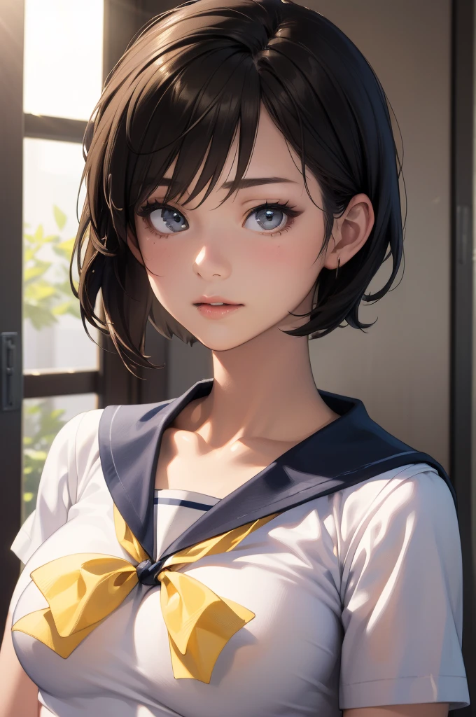 Upper body portrait、Bust、(masterpiece:1.3、Highest quality)、Ultra-high resolution、Super detailed、(Real、Photorealistic:1.4)、Beautiful illustrations、Perfect lighting、Highly detailed face、Detailed and beautiful eyes、独奏、high school girl、Beautiful breasts、(high school girl、A sailor uniform with a short length、Short summer clothes、Yellow ribbon on chest)、(Black Hair、Short Hair)、Dark Eyes、classroom