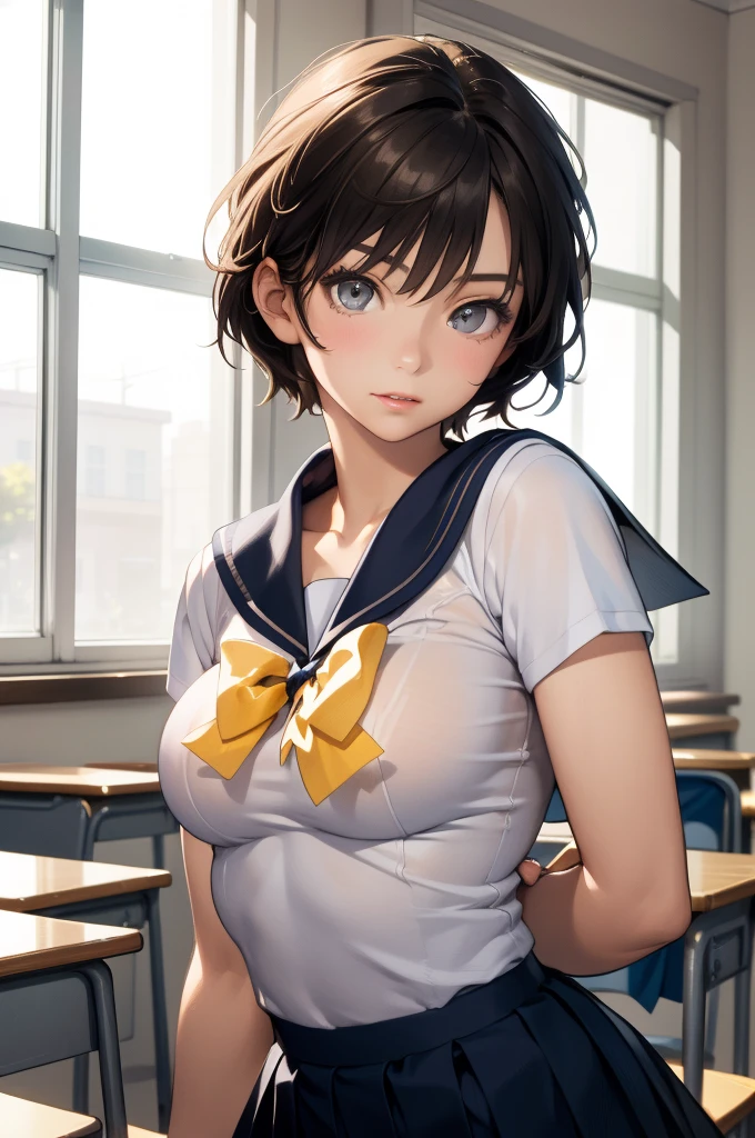 Upper body portrait、Bust、(masterpiece:1.3、Highest quality)、Ultra-high resolution、Super detailed、(Real、Photorealistic:1.4)、Beautiful illustrations、Perfect lighting、Highly detailed face、Detailed and beautiful eyes、独奏、high school girl、Beautiful breasts、(high school girl、A sailor uniform with a short length、Short summer clothes、Yellow ribbon on chest)、(Black Hair、Short Hair)、Dark Eyes、classroom