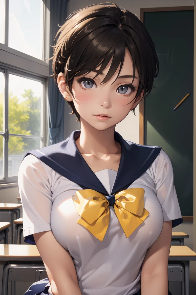 Upper body portrait、Bust、(masterpiece:1.3、Highest quality)、Ultra-high resolution、Super detailed、(Real、Photorealistic:1.4)、Beautiful illustrations、Perfect lighting、Highly detailed face、Detailed and beautiful eyes、独奏、high school girl、Beautiful breasts、(high school girl、A sailor uniform with a short length、Short summer clothes、Yellow ribbon on chest)、(Black Hair、Short Hair)、Dark Eyes、classroom