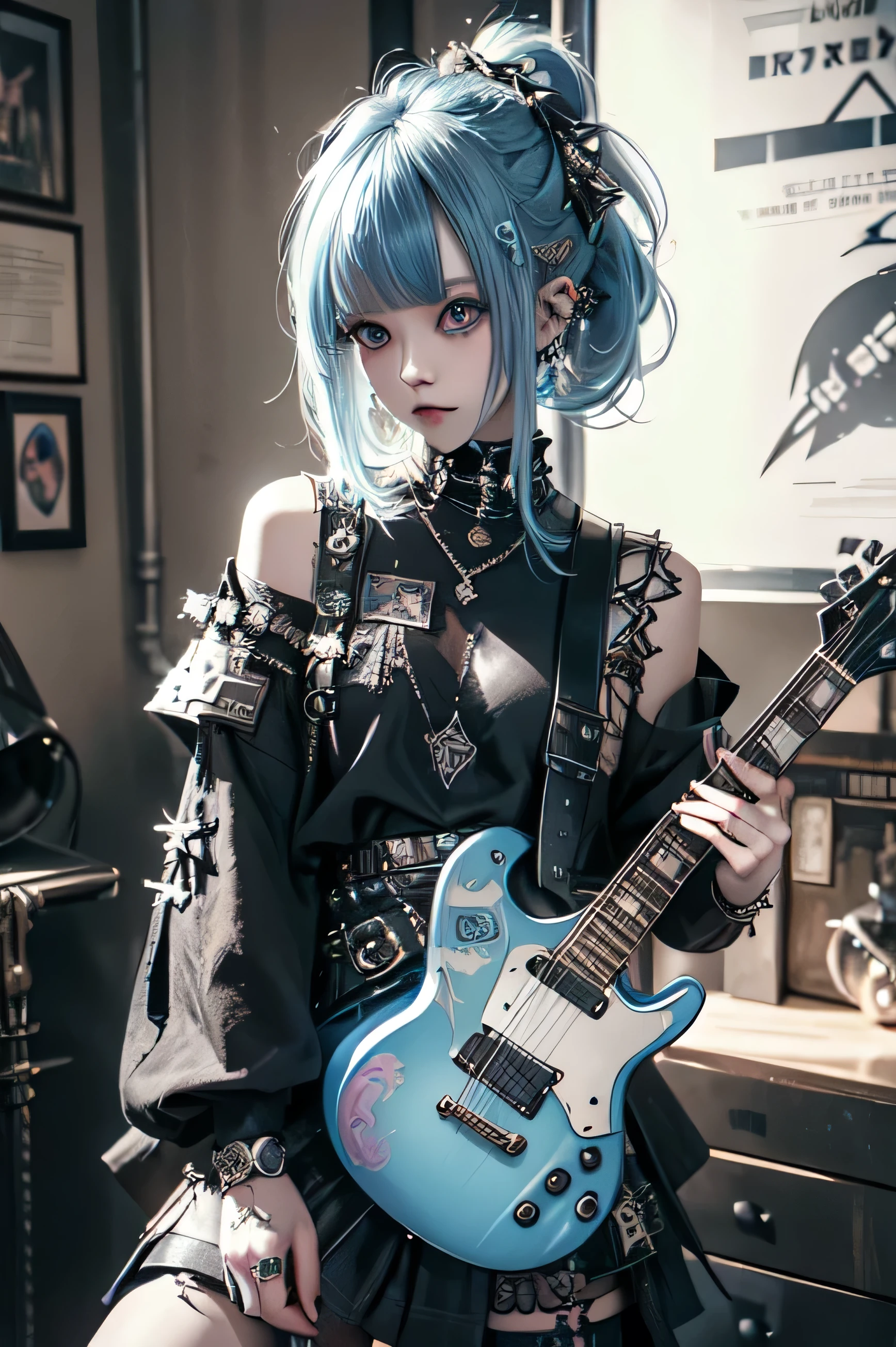 High quality picture, masterpiece, 8k, blond bobbed hair, short punk long shirt, wearing a skirt with punk design,, looking frontal and provocative, big blue eyes, colourful make-up, sophisticated description, holding guitar,, rock-style room