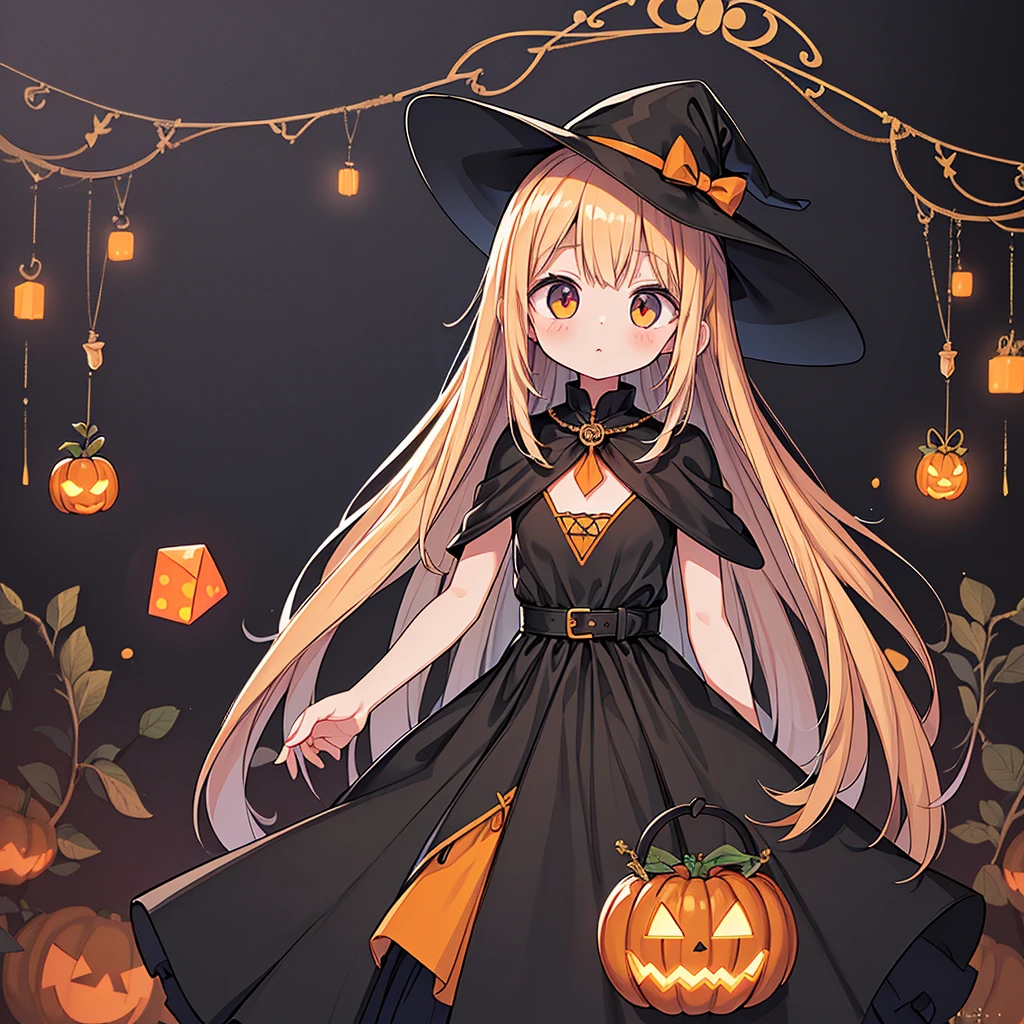 1girl,(((Perfect Anatomy、Perfect human body、Highest quality、Masterpiece、Super detailed、X Composition、S composition、Square Composition、Triangular composition、Award-winning works)))、cute、Orange and black palette、Trick or Treat、Pumpkin carriage、Big Wizard Hat、Black Cape、Black dress、Absurd、The fantastic world of Halloween、