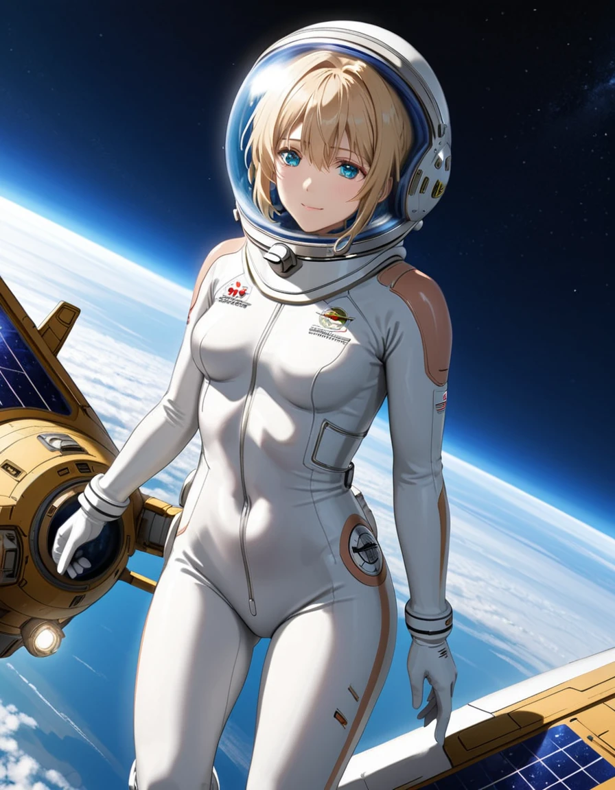 (Spacesuit:1.15), White Cargo Pants, Space Helmet , , Spacewalk, masterpiece, Highest quality, One person, alone, short hair, , eva helm, , Bodysuits,Gloss,\, baburuherumetto, short hair, (Futuristic spaceship:1.6), , smile,Covered navel, short hair,,Small breasts,From above, Violet Evergarden , space helmet, upper body, bubble helmet