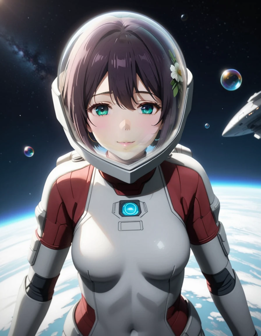 (Spacesuit:1.15), White Cargo Pants, Space Helmet , , Spacewalk, masterpiece, Highest quality, One person, alone, short hair, , eva helm, , Bodysuits,Gloss,\, baburuherumetto, short hair, (Futuristic spaceship:1.6), , smile,Covered navel, short hair,,Small breasts,From above, Violet Evergarden , space helmet, upper body, bubble helmet