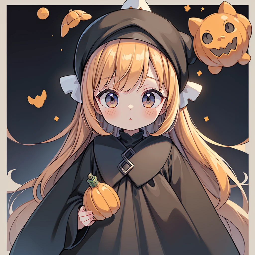 1girl,(((Perfect Anatomy、Perfect human body、Highest quality、Masterpiece、Super detailed、X Composition、S composition、Square Composition、Triangular composition、Award-winning works)))、cute、Orange and black palette、Trick or Treat、Pumpkin carriage、Big Wizard Hat、Black Cape、Black dress、Absurd、The fantastic world of Halloween、