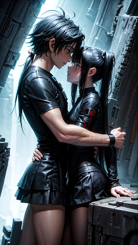 a teenager girl in black pigtails kissing an emo teenager male guy, spaceship, space ship, futuristic