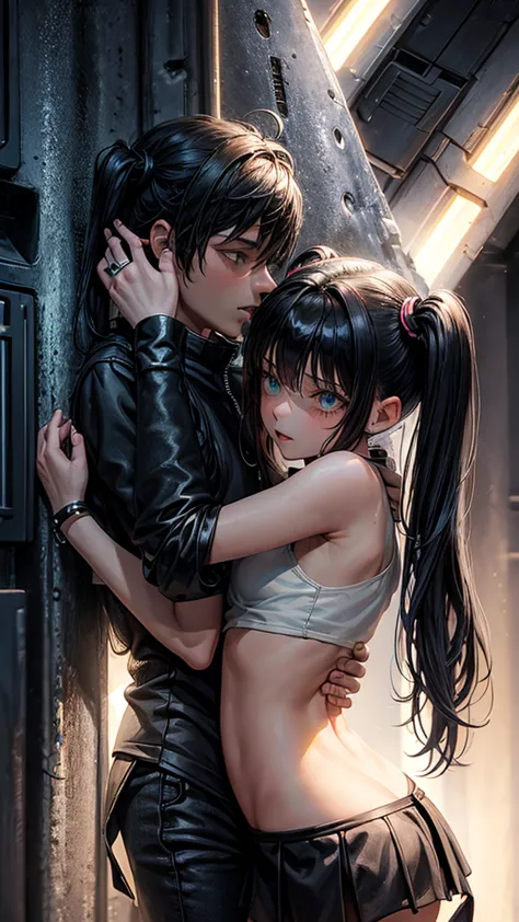 a teenager girl in black pigtails kissing an emo teenager male guy, spaceship, space ship, futuristic