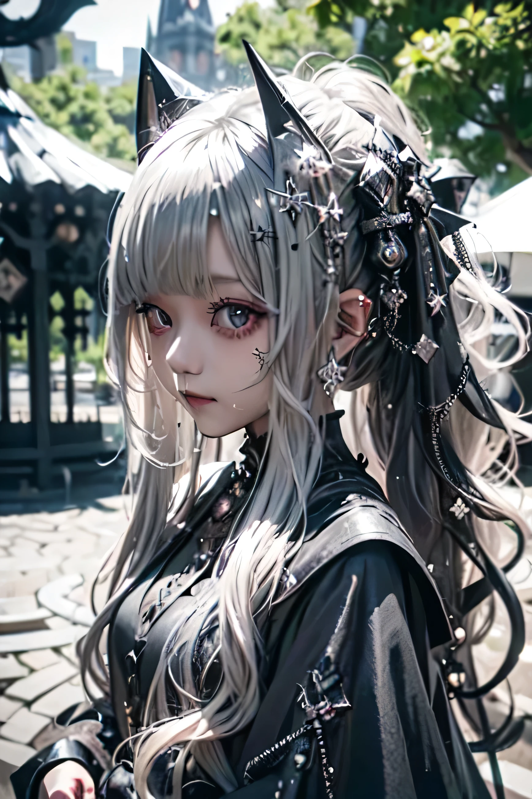 One girl, blonde twin-tail hair, wearing a black gothic dress (shiny fabric, feels wet), lots of metal accessories, sunny park in the background.
