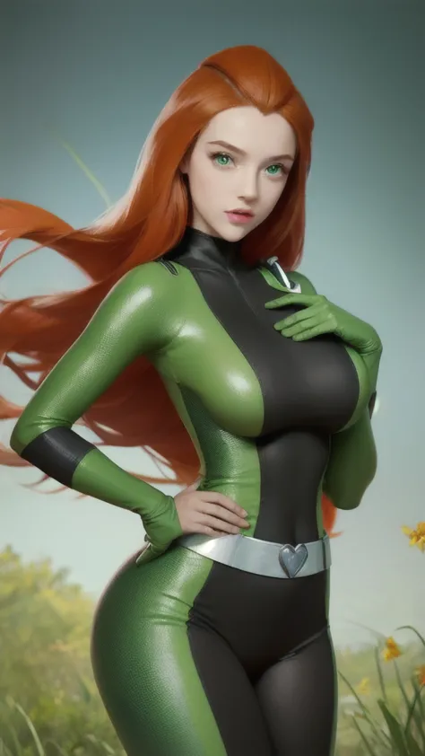 (masterpiece, best quality), 1girl,   sam \(totally spies\), orange hair, long straight hair, green eyes, , green bodysuit, big ...