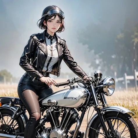 (riding on motorcycle:1.2)、(vintage bikes、bluff superior ss100)、 beautiful young woman、1 person、beautiful face, beautiful and de...