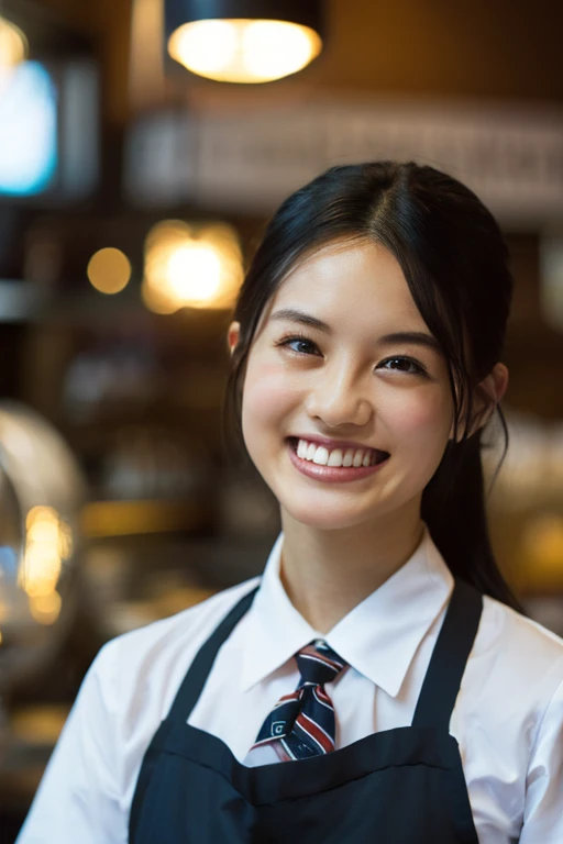 (8k, RAW photo, best quality, masterpiece), (photorealistic), outstanding details, ultra-high resolution, anatomically correct, textured skin, (Extremely precise and accurate anatomy),
Ultra Detailed Face, Detailed Eyes, 

 1 Girl, barista uniform, forehead, pulled back hair, 
(Cute Japanese girl , 1), light smile,
cinematic lighting in the hair, hair light, wind in the hair,
(open cafe), 

(backlighting), 
(reflection light from below:1.4), 
atmospheric perspective, depth of field, 
(dramatic lighting), cinematic lighting, 