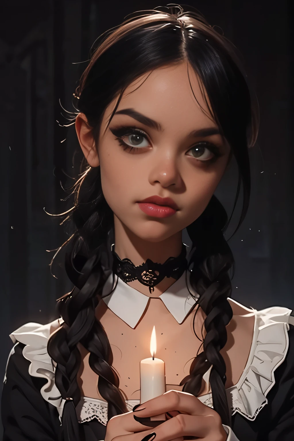 a creepy Wednesday Addams,illustration,gothic,spooky,black and white,vintage,dark atmosphere,detailed eyes,detailed lips,pale skin,expressive eyebrows,haunting,old mansion,creepy dolls,black Victorian fashion,loose braids,ominous background,stormy weather,candlelight,shadowy corners,haunted staircase,macabre,retro,moody lighting,thunder and lightning,spiderwebs,attic,antique furniture,intricate black lace,soft focus,vintage portrait,captivating gaze,subtle smile,foreboding presence,creepy innocence,hint of darkness,sepia tones,gloomy ambiance