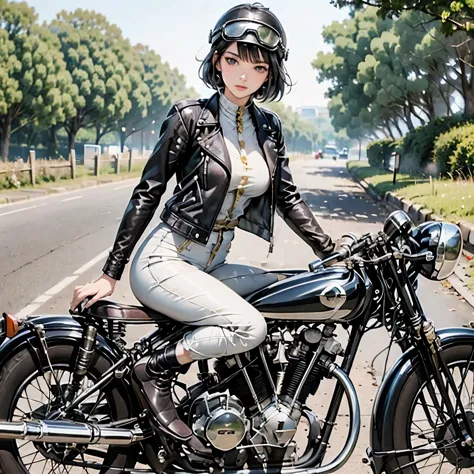 (riding on motorcycle:1.2)、(vintage bikes、bluff superior ss100)、 beautiful young woman、1 person、beautiful face, beautiful and de...