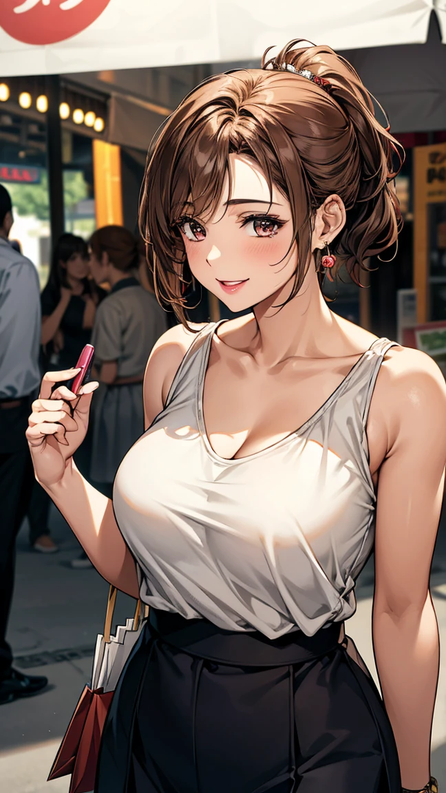 Woman 2，housewife，sunlight，smile，Applying lipstick，Light brown curly short hair，Left ponytail，A little plump，Firm breasts，Shopping in the market，Wear the watch on your right hand，Half Moon Earrings，skirt