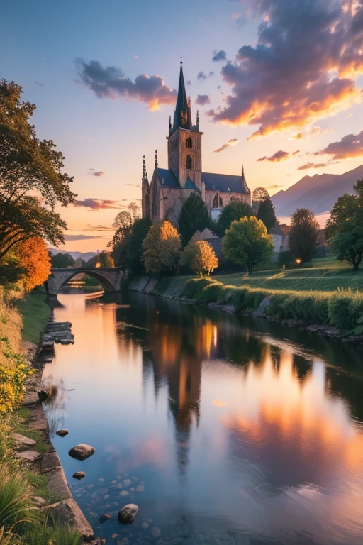 Masterpiece, high resolution, best composition, medieval European countryside, beautiful sunset, breathtaking beauty, church standing, river flowing, stone bridge hanging, mountains in the distance, orange sky.