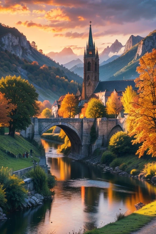 Masterpiece, high resolution, best composition, medieval European countryside, beautiful sunset, breathtaking beauty, church standing, river flowing, stone bridge hanging, mountains in the distance, orange sky.