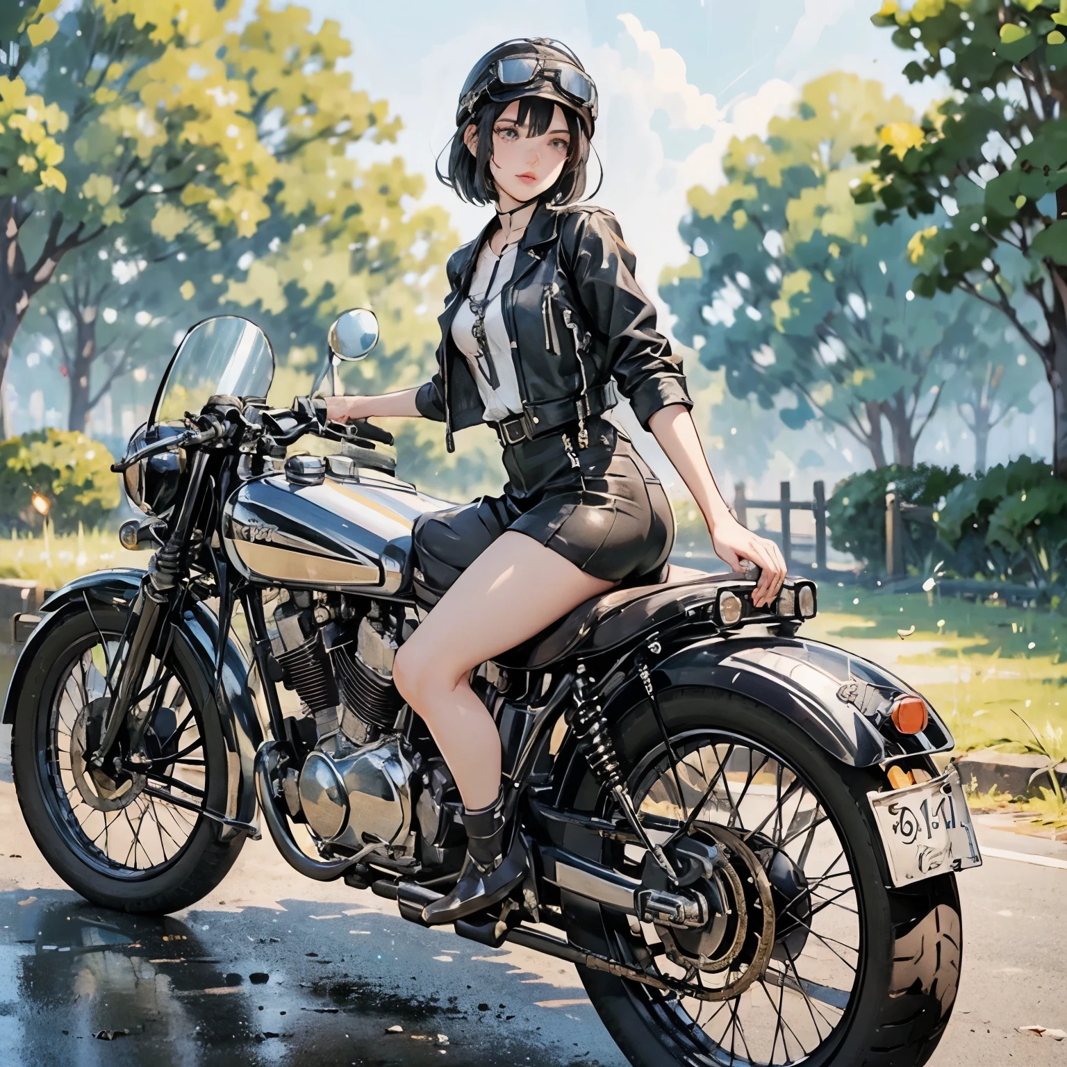 (Riding on motorcycle:1.2)、(Vintage Bikes、Bluff Superior SS100)、 Beautiful young woman、1 person、Beautiful Face, Beautiful and delicate eyes, Black Hair, Short Bob Hair、Classic Leather Jacket、Cromwell helmet with goggles、After the Rain、Isle of Man Races、English countryside、 Detailed Description、(Highest quality, masterpiece, High resolution)、8k、wallpaper
