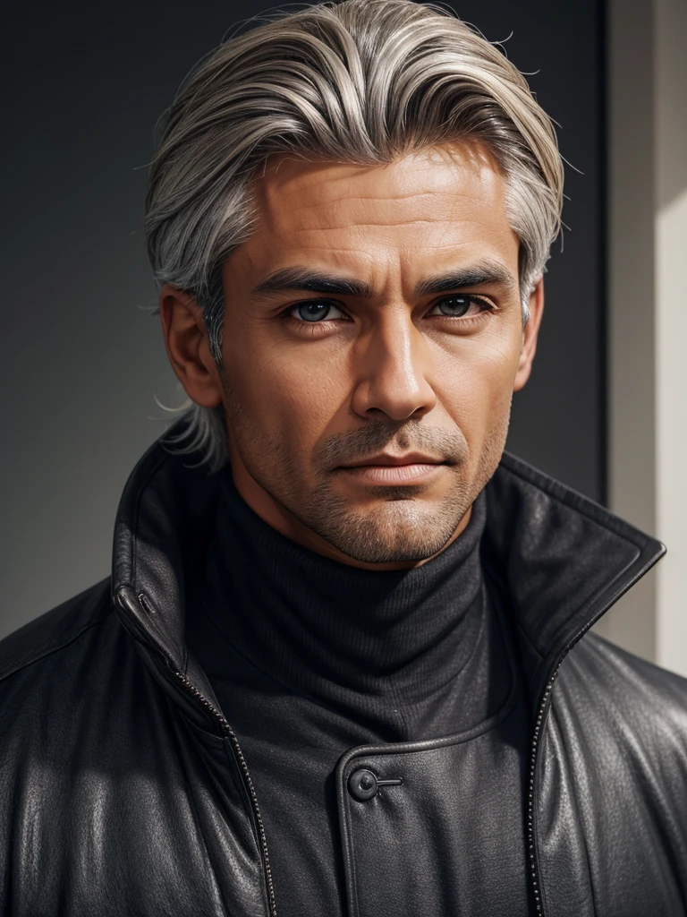 (best quality), 1boy, mature man, tanned skin, silver hair, medium hair, hair loosely combed back, brown eyes, perfect eyes, muscular, handsome, cold expression, black turtleneck, coat jacket, clean shaven face, masterpiece, anatomically correct, highres
