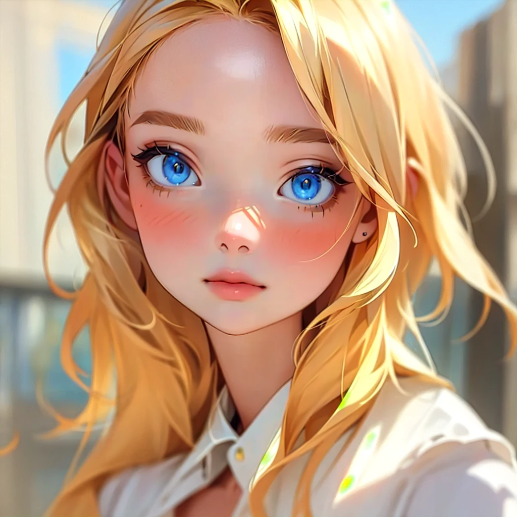 (Medium Close up):1.6), best quality, ​masterpiece, ultra high resolution, (photorealestic:1.4), RAW-Foto, 1 girl, blond hair, blue eyes, detailed eyes and face,(masterpiece, best quality:1.2), 1girl, 独奏