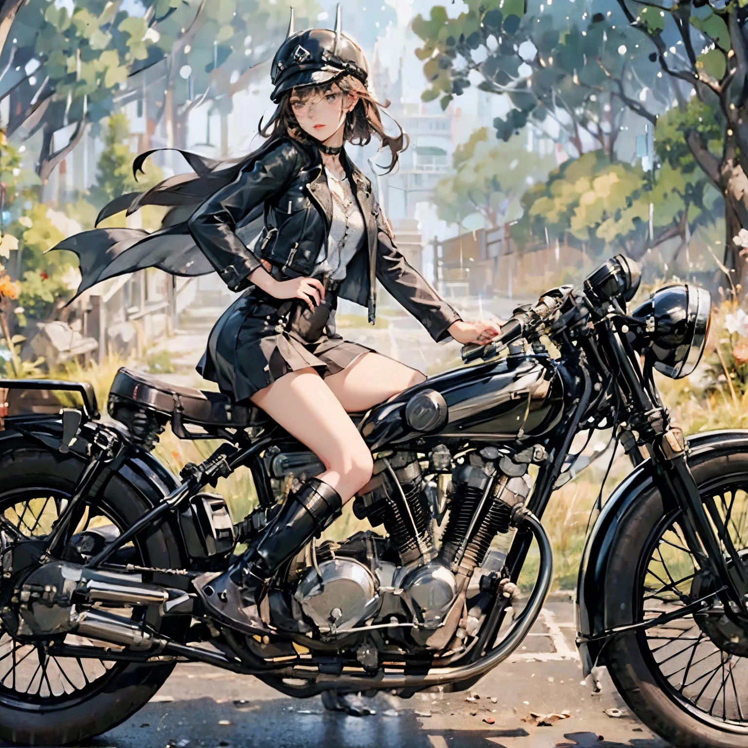 Bluff Superior SS100、(クラシックRiding on motorcycle )、(Vintage Bikes、Bluff Superior SS100)、Isle of Man Races、 (Riding on motorcycle:1.2), Beautiful young woman、1、Beautiful Face, Beautiful and delicate eyes, Black Hair, Short Bob Hair,  Classic Leather Jacket、Cromwell helmet with goggles、After the Rain、English countryside、 Detailed Description、(Highest quality, masterpiece, High resolution)、8k、wallpaper
