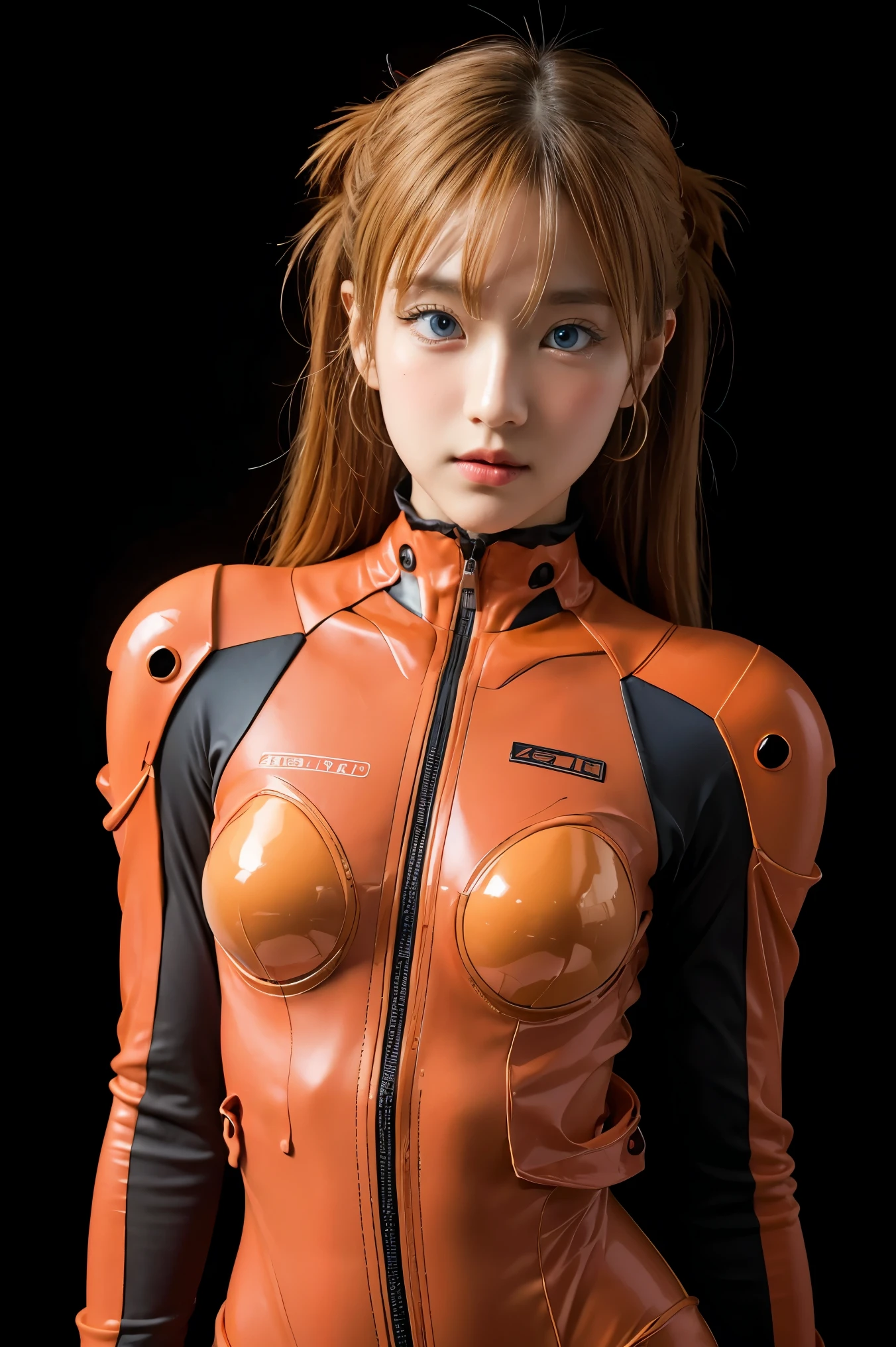 (Masterpiece: 1.4, highest quality), (intricate details), Unity8k wallpaper, super detailed, beautiful and mysterious, detailed background, realistic, solo, perfect detail face, detailed blue eyes, very detailed, blush, hair ornament, chignon mahogany hair, (blonde hair), plug suit 02,Shikinami Asuka Langley, Evangelion, slender , full body suit, black background, Above the waist