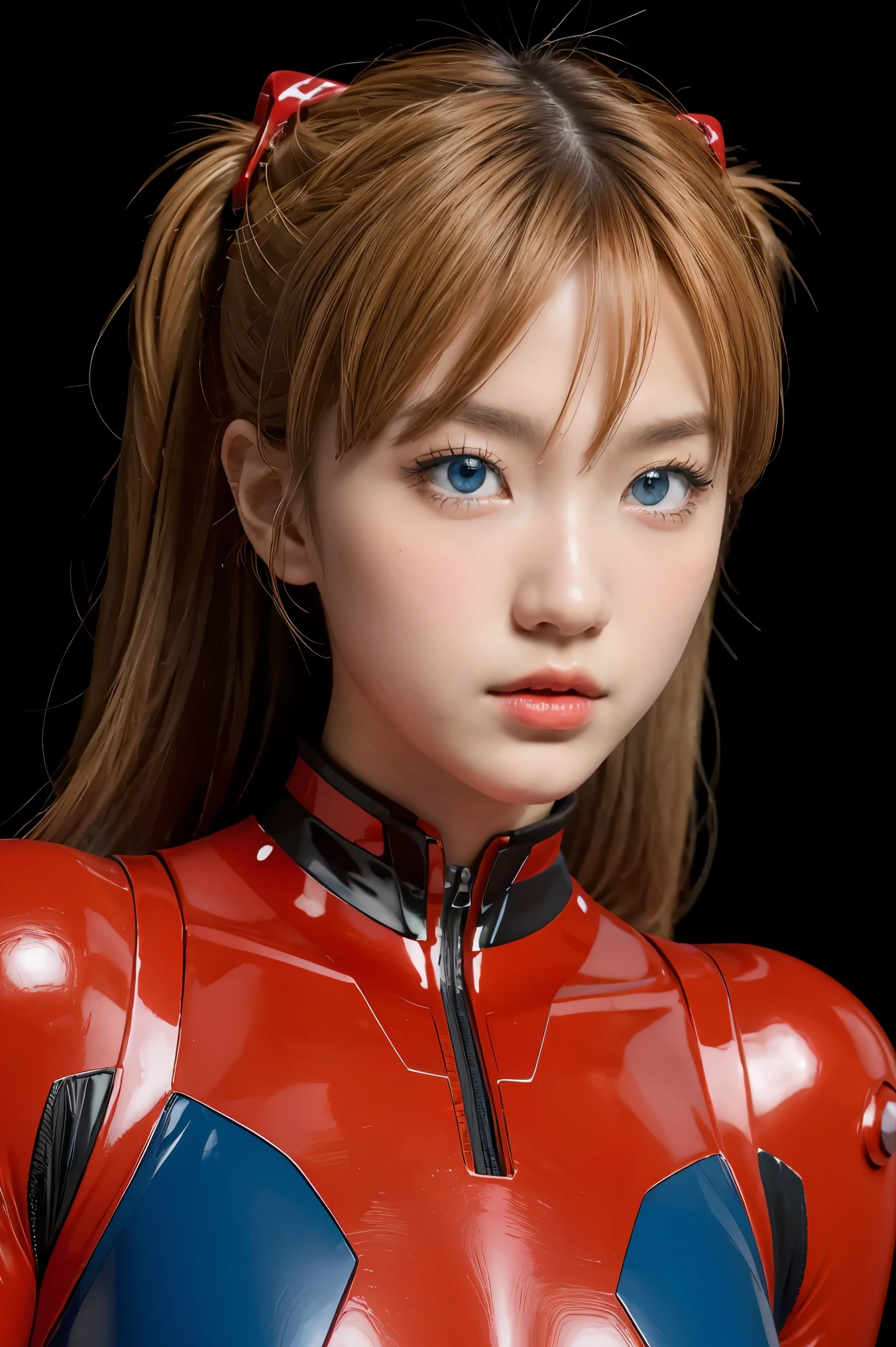 (Masterpiece: 1.4, highest quality), (intricate details), Unity8k wallpaper, super detailed, beautiful and mysterious, detailed background, realistic, solo, perfect detail face, detailed blue eyes, very detailed, blush, hair ornament, chignon mahogany hair, (blonde hair), plug suit 02,Shikinami Asuka Langley, Evangelion, slender , full body suit, black background, Above the waist