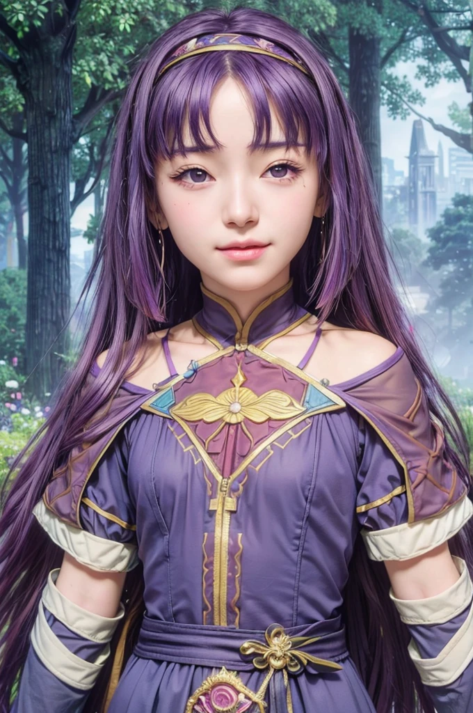 masterpiece, best quality, (realistic,photo-realistic:1.4), (RAW photo:1.2), extremely detailed CG unity 8k wallpaper, delicate and beautiful, amazing,finely detail, official art, absurdres, incredibly absurdres, huge filesize, ultra-detailed,extremely detailed eyes and face,light on face,sumire kakei,(little smile),(purple hair:1.4),(long hair:1.6),(wearing dress:1.5),garden,(nature background:1.5),(hairband:1.4)