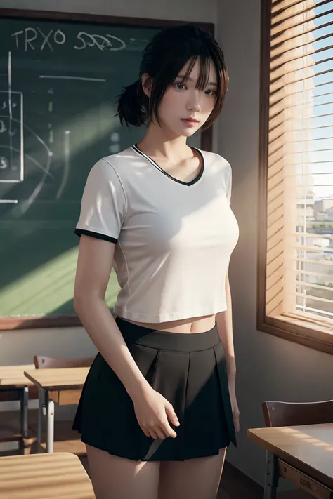 1 girl, ภาพช็อตของ re4ashley, about sports, black , white shirt, classroom, volumetric light, best quality, masterpiece, complic...