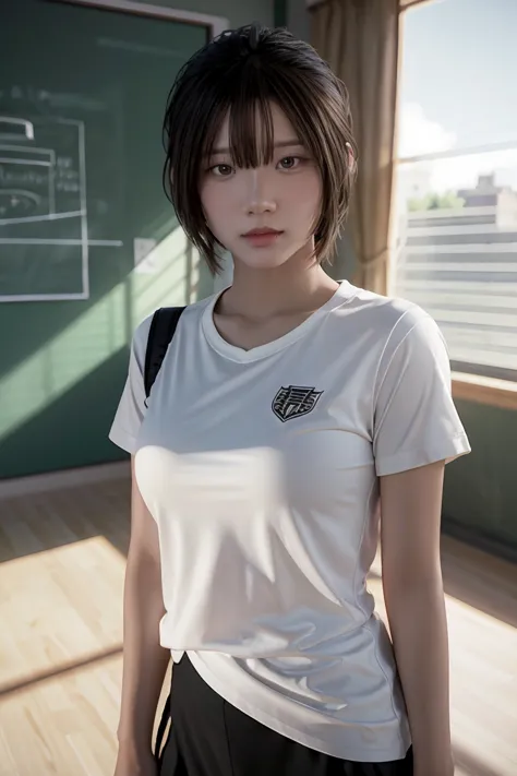 1 girl, ภาพช็อตของ re4ashley, about sports, black , white shirt, classroom, volumetric light, best quality, masterpiece, complic...