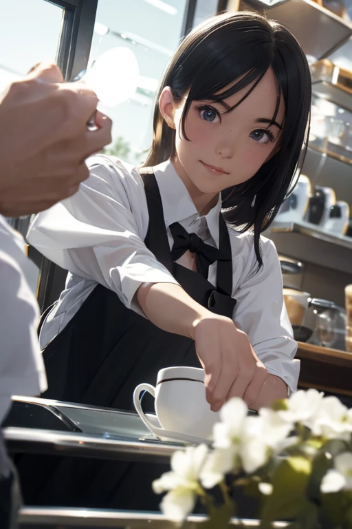 (8k, RAW photo, best quality, masterpiece), (photorealistic), outstanding details, ultra-high resolution, anatomically correct, textured skin, (Extremely precise and accurate anatomy),
Ultra Detailed Face, Detailed Eyes, 

 1 Girl, (barista) , ( barista uniform) , forehead, (pulled back hair) , 
(Cute Japanese girl , 1 ), light smile,
cinematic lighting in the hair, hair light, wind in the hair,
(open cafe), 

(backlighting), 
(reflection light from below:1.4), 
atmospheric perspective, depth of field, 
(dramatic lighting), cinematic lighting, 