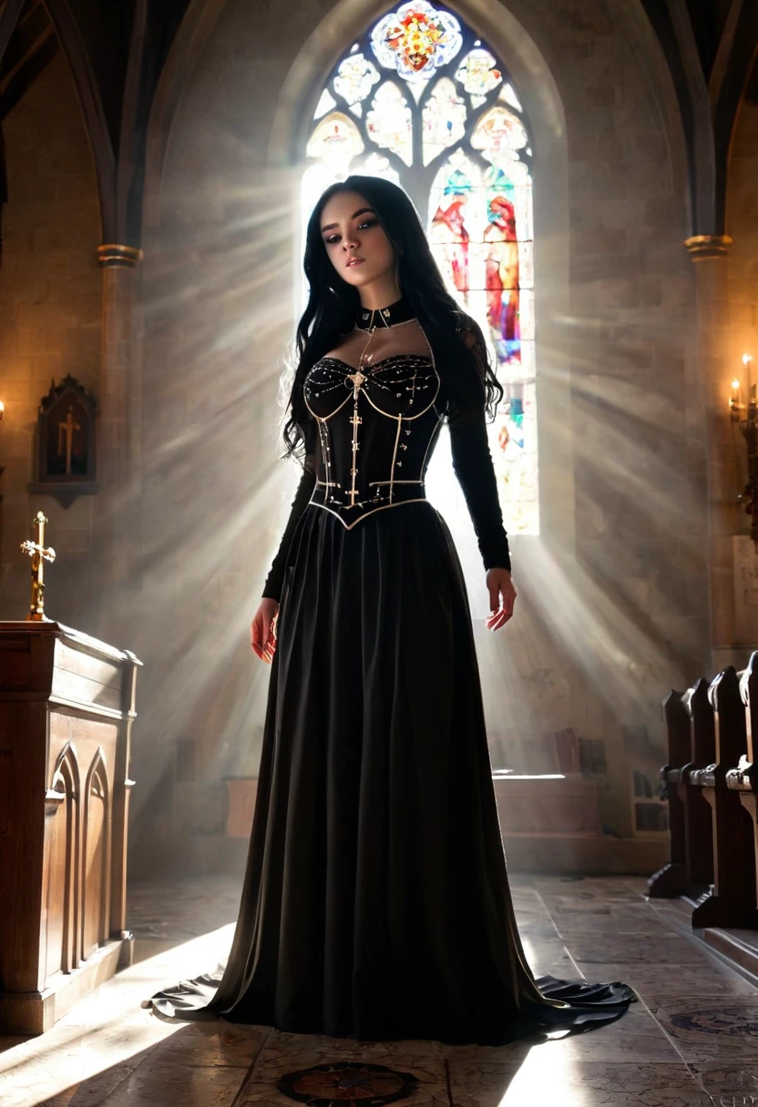 a gothic teenage girl, extremely detailed face, beautiful detailed eyes, beautiful detailed lips, long black hair, very small clothes, big breasts, inside a church, sunlight coming through the window, full body, (best quality,4k,8k,highres,masterpiece:1.2),ultra-detailed,(realistic,photorealistic,photo-realistic:1.37),ornate church interior,dramatic lighting,moody atmosphere,dark fantasy,cinematic