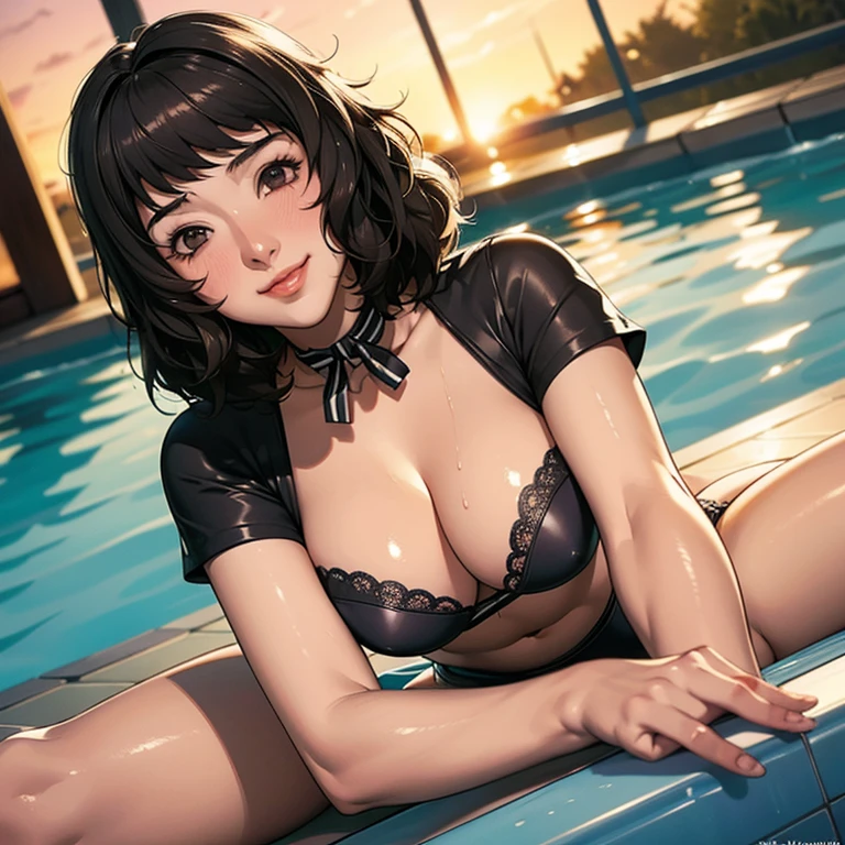  ((Master quality, 8K, masterpiece:1.3, ultra-detailed, high resolution, RAW Photos, detailed , blurry, Actual, hyper realistic, photo, HDR)), BREAK, Anatomically perfect, perfect hands, perfect legs, perfect feet, detailed eyes, BREAK, One person alone, kawakami sadayo, BREAK, beautiful face, beautiful detailed eyes, ((( , A sadayo lying on her back, floating in a pool, ))), , ( Round and Stacked Breasts,  ), Cleavage, , (((blush, seductive smile ))), Sweat-soaked skin, BREAK, wearing(, chest sarashi:2.5 only , Loincloth  fundoshi,, Soaking  Wet:1.5, ), , Graffiti art, BREAK, ( Random Angle, full-body, ), dynamic angle, , background(Realistic , cinematic lighting, depth of field, , Tropical hotel Pool atmosphere,, sunset, sunset reflected on the water , light particles)