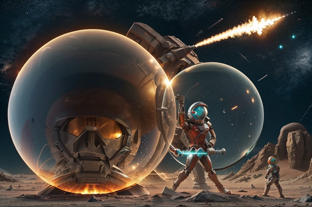 A giant robot (Martian theming, head has helmet styling and a large bubble dome cockpit), lunar surface, stars in back ground, action pose, shooting a rocket fist at viewer connected to mech via chain
