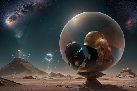 a giant robot (martian theming, head has helmet styling and a large bubble dome cockpit), lunar surface, stars in back ground, a...