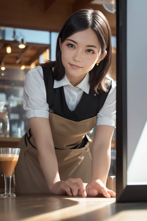 (8k, RAW photo, best quality, masterpiece), (photorealistic), outstanding details, ultra-high resolution, anatomically correct, textured skin, (Extremely precise and accurate anatomy),
Ultra Detailed Face, Detailed Eyes, 

 1 Girl, (barista) , ( barista uniform) , forehead, (pulled back hair) , 
(Cute Japanese girl , 1 ), light smile,
cinematic lighting in the hair, hair light, wind in the hair,
(open cafe), 

(backlighting), 
(reflection light from below:1.4), 
atmospheric perspective, depth of field, 
(dramatic lighting), cinematic lighting, 