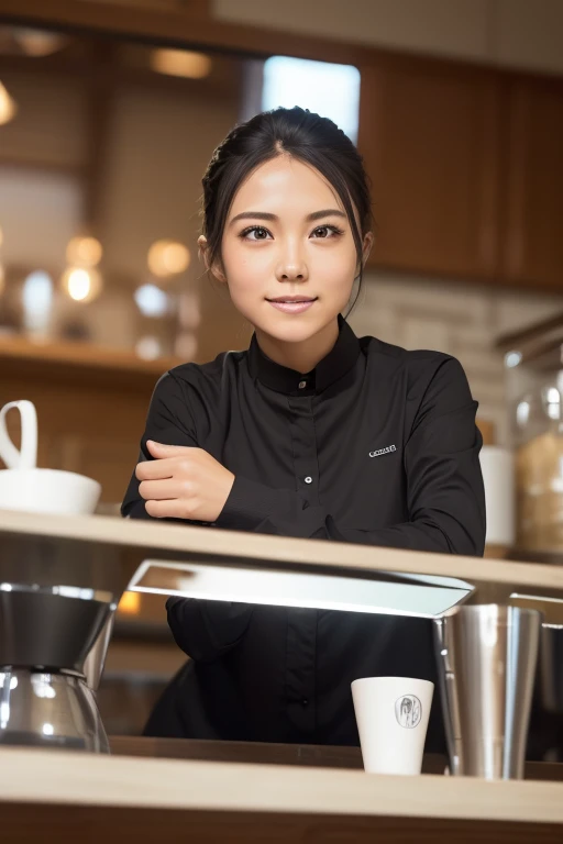 (8k, RAW photo, best quality, masterpiece), (photorealistic), outstanding details, ultra-high resolution, anatomically correct, textured skin, (Extremely precise and accurate anatomy),
Ultra Detailed Face, Detailed Eyes, 

 1 Girl, (barista) , ( barista uniform) , forehead, (pulled back hair:1.2) , 
(Cute Japanese girl , 1 ), light smile,
cinematic lighting in the hair, hair light, wind in the hair,
(open cafe), coffee, 

(backlighting), 
(reflection light from below:1.4), 
atmospheric perspective, depth of field, 
(dramatic lighting), cinematic lighting, 