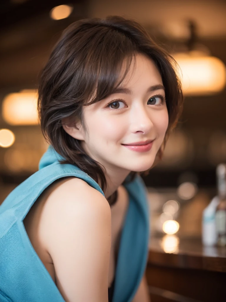 a Close-up portrait of gorgeous smiling cute Japanese woman in a glamorous blue dress outfit, delicate facial features, porcelain-skinned, ponytail, a fusion of young Marion Cotillard's striking eyes and young Anne Hathaway's introspective gaze, long and slender cute face, curved eyebrows, droopy hooded eyes, lower nasal bridge, slim wavy nose, smiling, thin lips, short pixie cut hair, silhouette, bokeh, lobby bar lounge background,