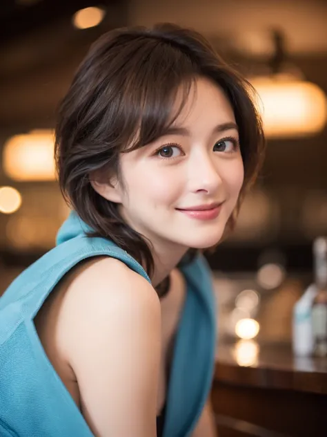 a close-up portrait of gorgeous smiling cute japanese woman in a glamorous blue dress outfit, delicate facial features, porcelai...