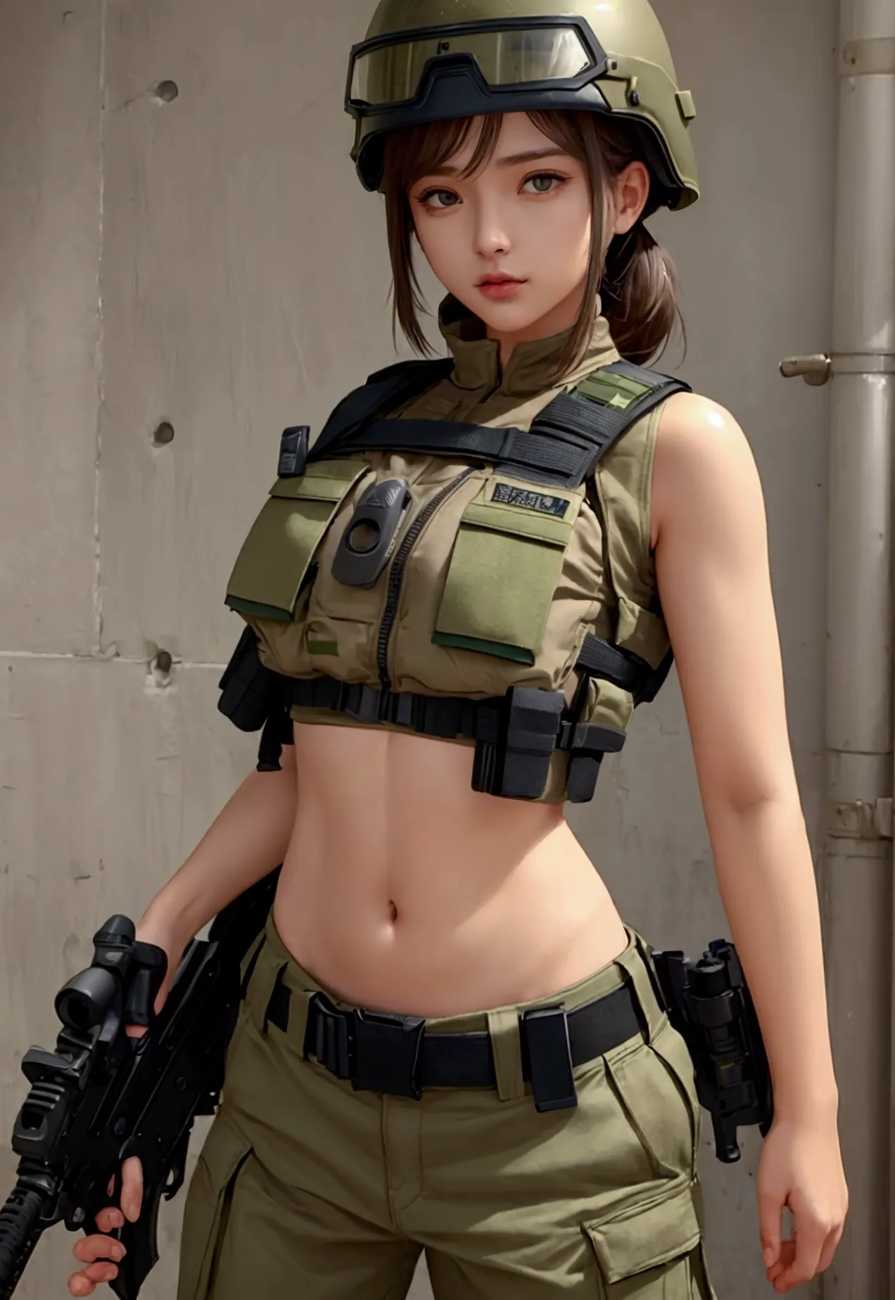 girl in crop top military bulletproof vest , military green cargo pants, belt, military helmet, tactical, (open navel),