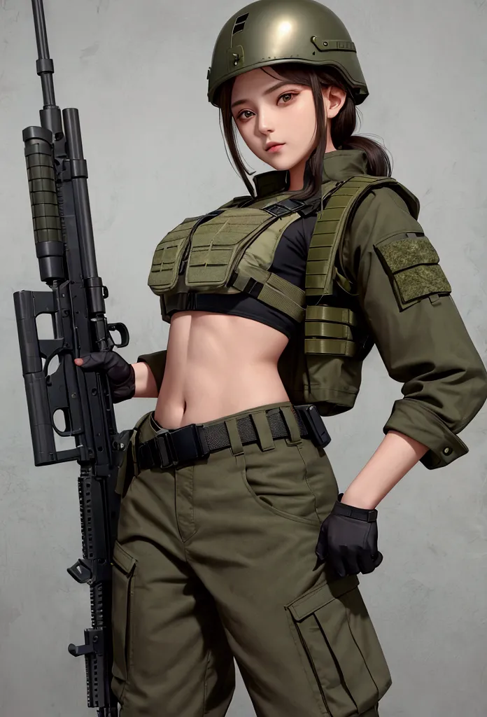 girl in crop top military bulletproof vest , military green cargo pants, belt, military helmet, tactical, (open navel),