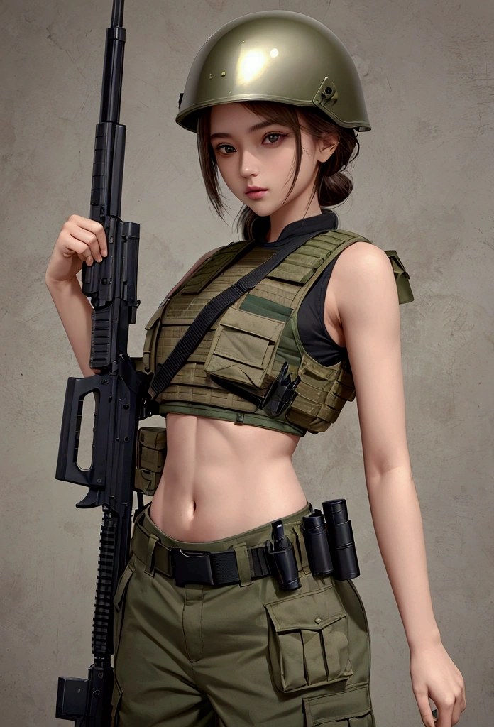 girl in crop top military bulletproof vest , military green cargo pants, belt, military helmet, tactical, (open navel), 