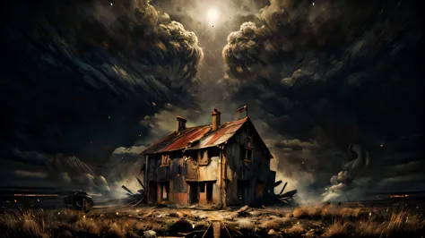 a dilapidated abandoned house at night, rain pouring down, wet roads, dark cloudy sky, smoke and dirt, atmospheric lighting, cin...