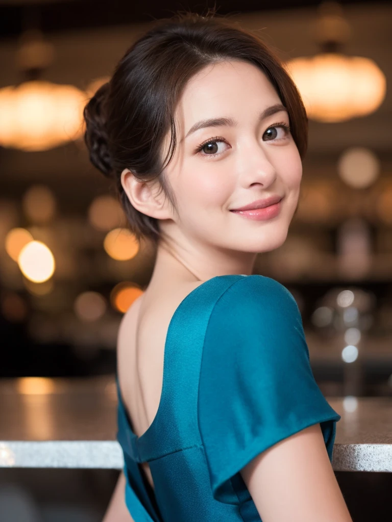 a Close-up portrait of gorgeous smiling cute Japanese woman in a glamorous blue dress outfit, delicate facial features, porcelain-skinned, ponytail, a fusion of young Marion Cotillard's striking eyes and young Anne Hathaway's introspective gaze, long and slender cute face, curved eyebrows, droopy hooded eyes, lower nasal bridge, slim wavy nose, smiling, thin lips, short pixie cut hair, silhouette, bokeh, lobby bar lounge background,