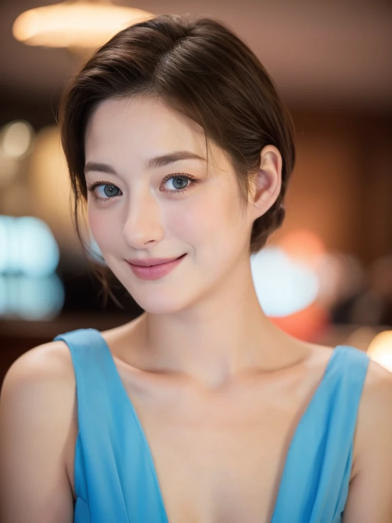 a Close-up portrait of gorgeous smiling cute Japanese woman in a glamorous blue dress outfit, delicate facial features, porcelain-skinned, ponytail, a fusion of young Marion Cotillard's striking eyes and young Anne Hathaway's introspective gaze, long and slender cute face, curved eyebrows, droopy hooded eyes, lower nasal bridge, slim wavy nose, smiling, thin lips, short pixie cut hair, silhouette, bokeh, lobby bar lounge background,