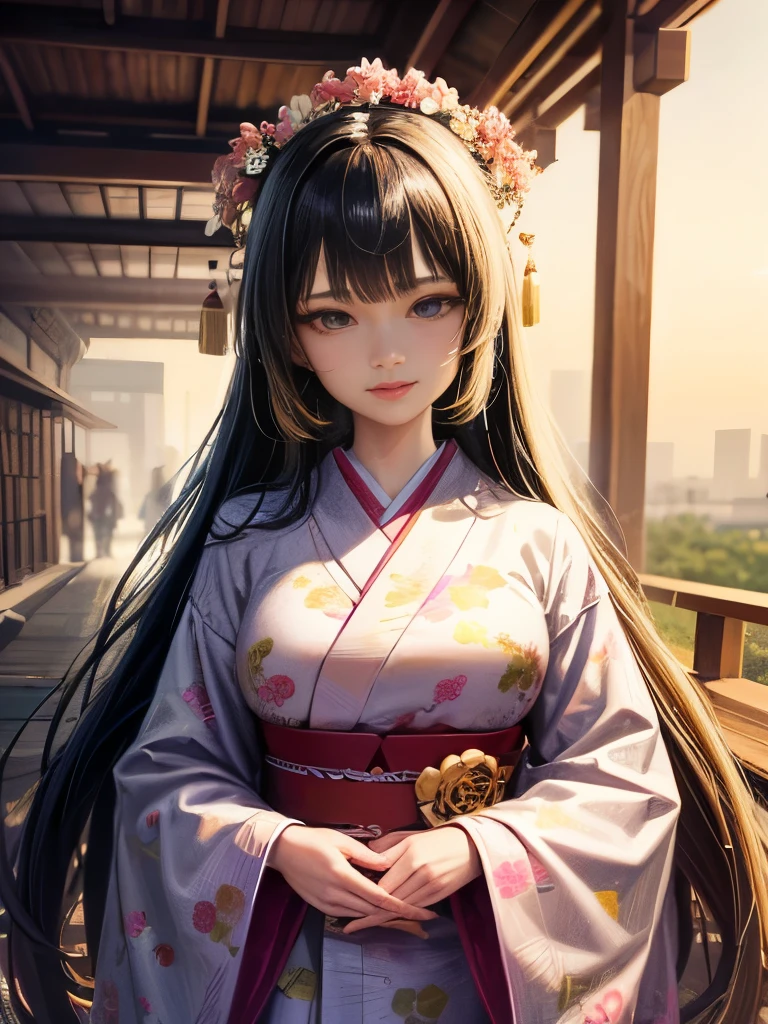 Japanese woman in kimono with flowers on her head, Beautiful digital artワーク, Beautiful digital illustrations, Beautiful digital painting, Gorgeous digital painting, Gweiz-style artwork, Photorealistic Anime Rendering, Smooth anime CG art, Beautiful digital art, Amazing digital art with great detail, Amazing digital illustrations, Detailed digital anime art, April Rendering, Beautiful anime portraits, 8k wallpaper, 