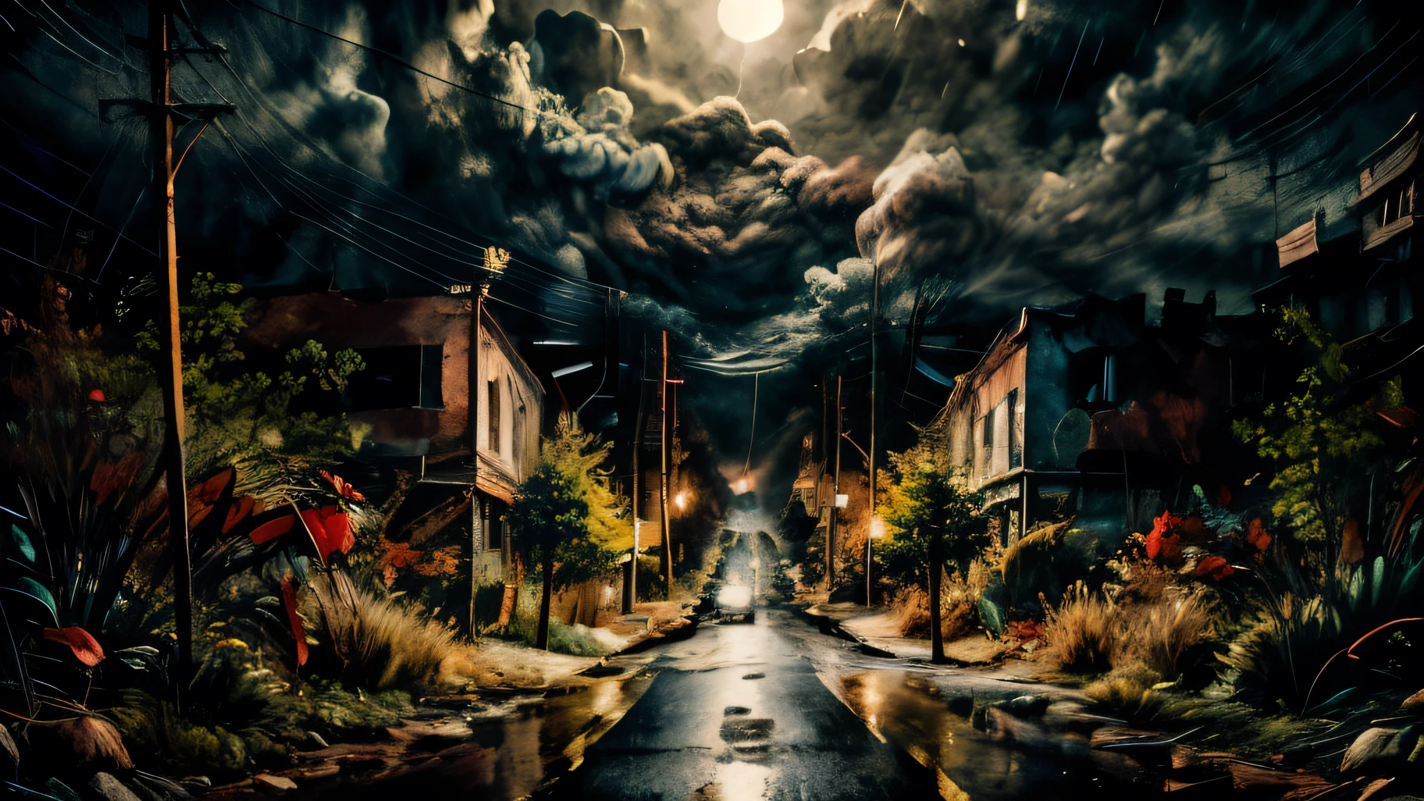 a dilapidated abandoned forest at night, rain pouring down, wet roads, dark cloudy sky, smoke and dirt, atmospheric lighting, cinematic mood, dramatic shadows, gritty realism, award winning composition, hyper detailed, intricate details, photographic quality, professional photography, masterpiece