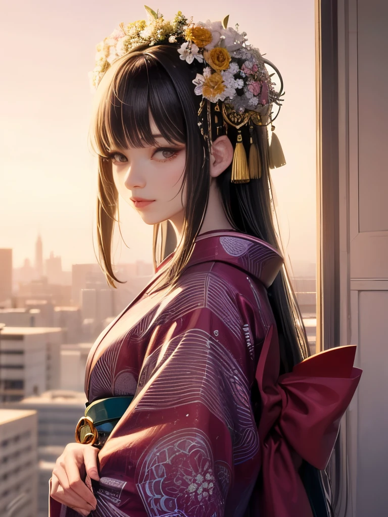 Japanese woman in kimono with flowers on her head, Beautiful digital artワーク, Beautiful digital illustrations, Beautiful digital painting, Gorgeous digital painting, Gweiz-style artwork, Photorealistic Anime Rendering, Smooth anime CG art, Beautiful digital art, Amazing digital art with great detail, Amazing digital illustrations, Detailed digital anime art, April Rendering, Beautiful anime portraits, 8k wallpaper, 