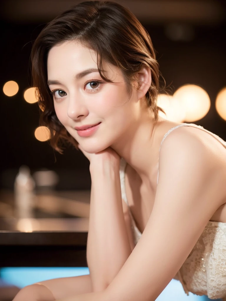 a Close-up portrait of gorgeous smiling cute Japanese woman in a glamorous lacy dress outfit, delicate facial features, porcelain-skinned, ponytail, a fusion of young Marion Cotillard's striking eyes and young Anne Hathaway's introspective gaze, long and slender cute face, curved eyebrows, droopy hooded eyes, lower nasal bridge, slim wavy nose, smiling, thin lips, short pixie cut hair, silhouette, bokeh, lobby bar lounge background,