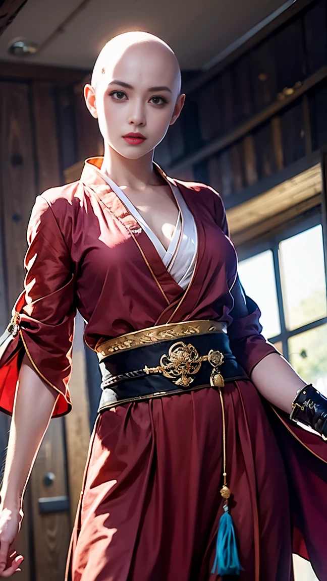 (masterpiece, Highest quality:1.1), Samurai sword，Cyberpunk female warrior in sh4g0d style，(bald，Monk:1.2),bushido,Robe