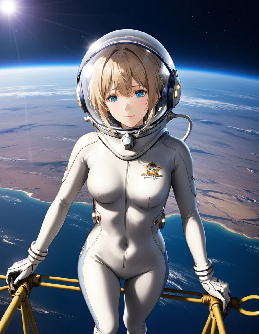 (Spacesuit:1.15), White Cargo Pants, Space Helmet , , Spacewalk, masterpiece, Highest quality, One person, alone, short hair, , eva helm, , Bodysuits,Gloss,\, baburuherumetto, short hair, (Futuristic spaceship:1.6), , smile,Covered navel, short hair,,Small breasts,From above, Violet Evergarden , space helmet, upper body, bubble helmet